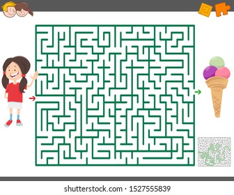 Cartoon Illustration of Educational Maze Activity Game for Children with Girl and Ice Cream