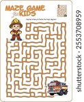 Cartoon illustration of an educational maze puzzle game for children. Help the fireman find his fire truck!