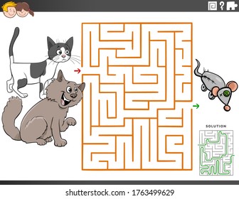 Cartoon Illustration of Educational Maze Puzzle Game for Children with Funny Cat Characters
