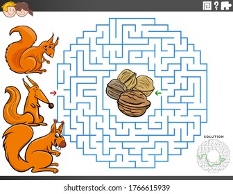 Cartoon Illustration of Educational Maze Puzzle Game for Children with Squirrel Characters and Walnuts