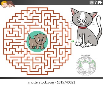 Cartoon Illustration of Educational Maze Puzzle Game for Children with Kittens