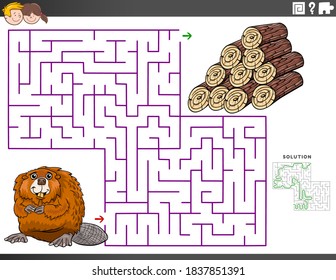 Cartoon Illustration of Educational Maze Puzzle Game for Children with Beaver and Wood Logs