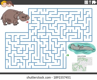 Cartoon illustration of educational maze puzzle game for children with funny hippos