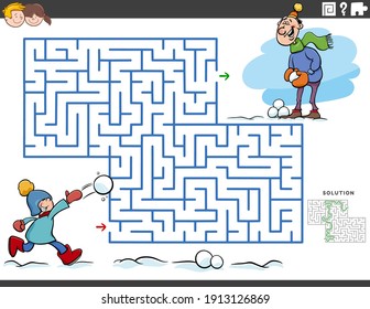 Cartoon illustration of educational maze puzzle game for children with boy and his dad on winter time