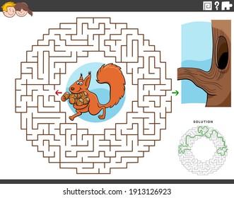Cartoon illustration of educational maze puzzle game for children with squirrel animal character with accorns and hollow