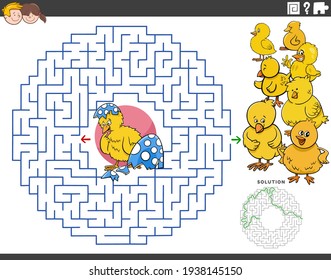 Cartoon illustration of educational maze puzzle game for children with little chick hatched from Easter egg