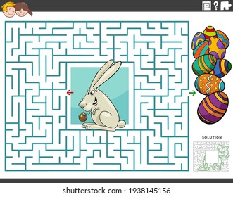 Cartoon illustration of educational maze puzzle game for children with Easter bunny and colored eggs