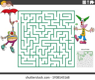 Cartoon illustration of educational maze puzzle game for children with funny clowns characters