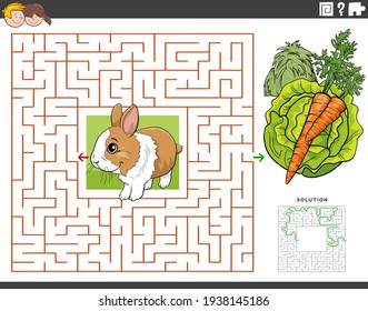 Cartoon illustration of educational maze puzzle game for children with rabbit animal character with hay, carrot and lettuce