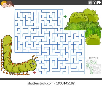 Cartoon illustration of educational maze puzzle game for children with caterpillar character and green meadow