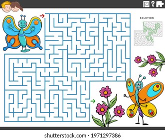Cartoon illustration of educational maze puzzle game for children with butterflies insect characters and flowers