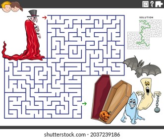 Cartoon illustration of educational maze puzzle game with vampire and Halloween characters