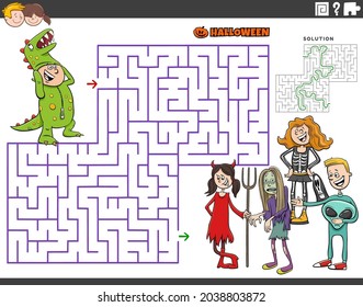 Cartoon illustration of educational maze puzzle game with children at the Halloween party