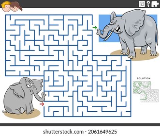 Cartoon illustration of educational maze puzzle game for children with baby elephant and mom