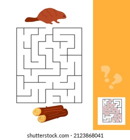 Cartoon illustration of educational maze puzzle game for children with beaver and wood logs. Simple game for children with solution