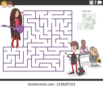 Cartoon illustration of educational maze puzzle game for children with girl and guitar and music band