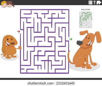 Cartoon illustration of educational maze puzzle game for children with mother dog and puppy