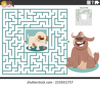 Cartoon illustration of educational maze puzzle game for children with adult dog and little puppy