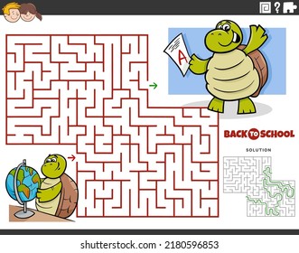 Cartoon illustration of educational maze puzzle game for children with turtle pupil studying for a geography test