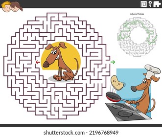 Cartoon illustration of educational maze puzzle game for children with dog making pancakes