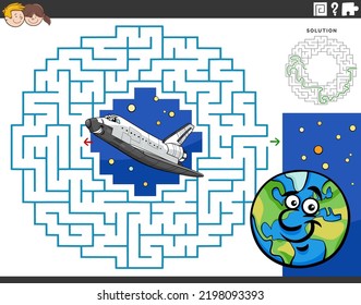 Cartoon illustration of educational maze puzzle game for children with space shuttle and planet Earth