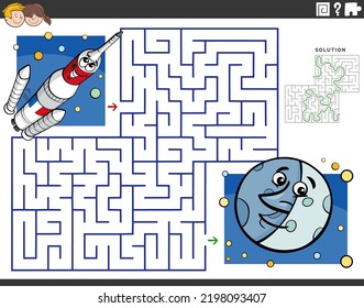 Cartoon illustration of educational maze puzzle game for children with rocket in space and the Moon