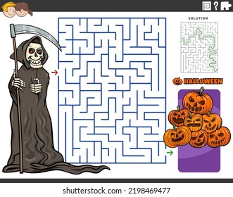 Cartoon illustration of educational maze puzzle game with Grim Reaper and jack o'lantern pumpkins on Halloween time