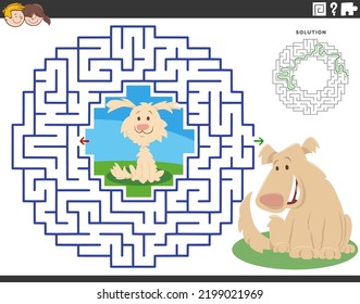 Cartoon illustration of educational maze puzzle for children with adult dog and cute little puppy