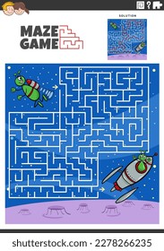 Cartoon illustration of educational maze puzzle game for children with funny alien characters