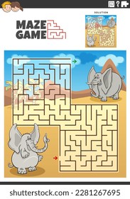 Cartoon illustration of educational maze puzzle game for children with funny elephants animal characters
