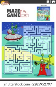 Cartoon illustration of educational maze puzzle activity for children with funny alien characters