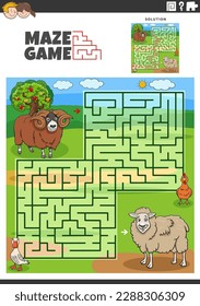 Cartoon illustration of educational maze puzzle activity for children with funny sheep farm animal characters