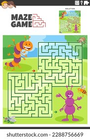 Cartoon illustration of educational maze puzzle activity for children with funny insects animal characters