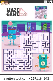 Cartoon illustration of educational maze puzzle activity for children with funny robots characters