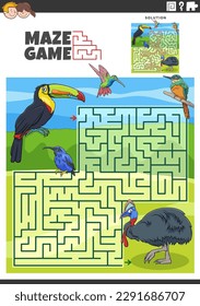 Cartoon illustration of educational maze puzzle activity for children with funny birds animal characters