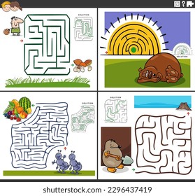 Cartoon illustration of educational maze puzzle games set with comic characters