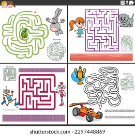Cartoon illustration of educational maze puzzle games set with comic characters