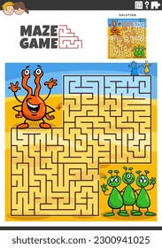 Cartoon illustration of educational maze puzzle activity with funny aliens characters