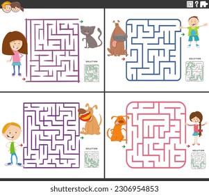 Cartoon illustration of educational maze puzzle games set with children ant their pets