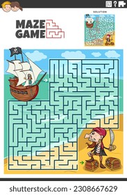 Cartoon illustration of educational maze puzzle activity with funny pirates fantasy characters