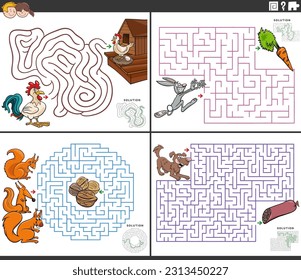 Cartoon illustration of educational maze puzzle activities set with animal characters