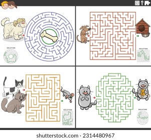 Cartoon illustration of educational maze puzzle games set with cats and dogs