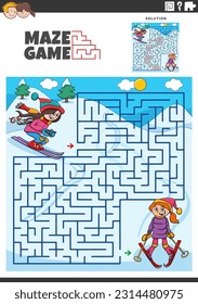 Cartoon illustration of educational maze puzzle activity with girls characters skiing