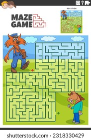 Cartoon illustration of educational maze puzzle activity with funny mailman fox and horse fantasy characters