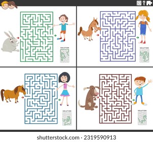 Cartoon illustration of educational maze puzzle activities set with children and their animals