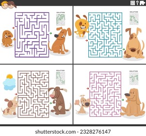 Cartoon illustration of educational maze puzzle activities set with dogs and puppies