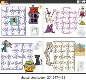 Cartoon illustration of educational maze puzzle activities set with fantasy characters