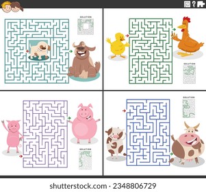 Cartoon illustration of educational maze puzzle activities set with farm animal characters