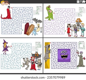 Cartoon illustration of educational maze puzzle activities set with children and fantasy characters