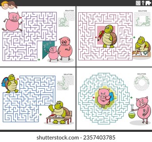Cartoon illustration of educational maze puzzle activities set with pigs and turtles characters at school